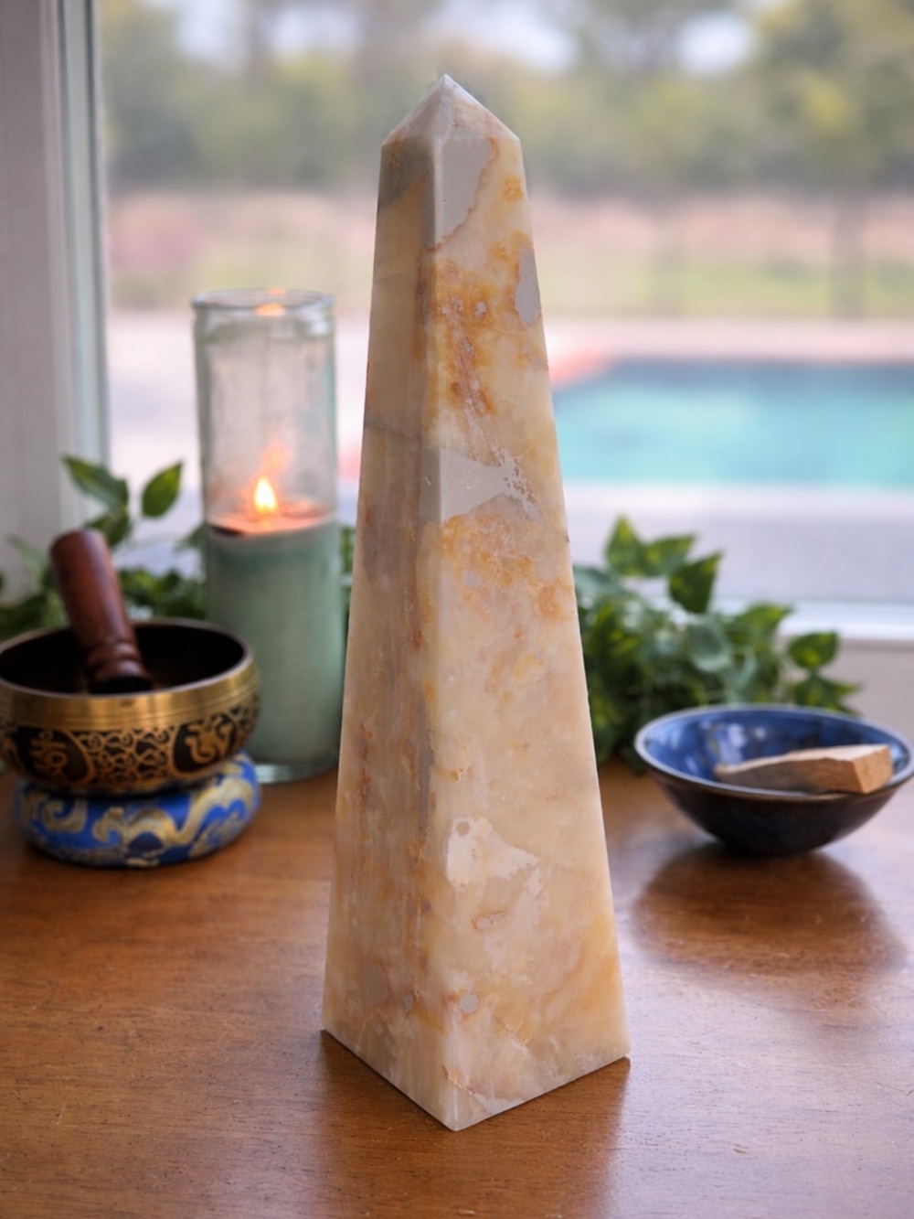 Golden Calcite Obelisk Tower | Honey Onyx Marble Crystal | Grounding Warm Energy